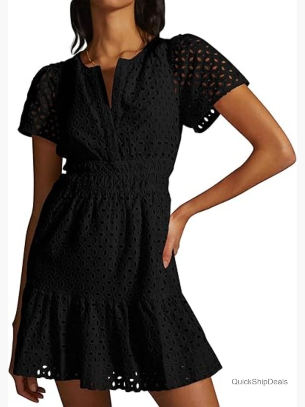 Eyelet Mini Dress V-Neck Short Sleeve A-Line Lace Beach Party Sundress